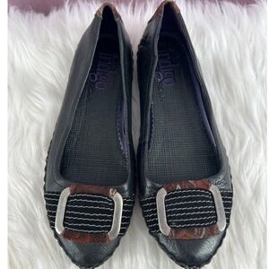 Clarks Indigo Black Leather Boho Ballet Flats Paisley Corduroy Buckle Toe Shoes